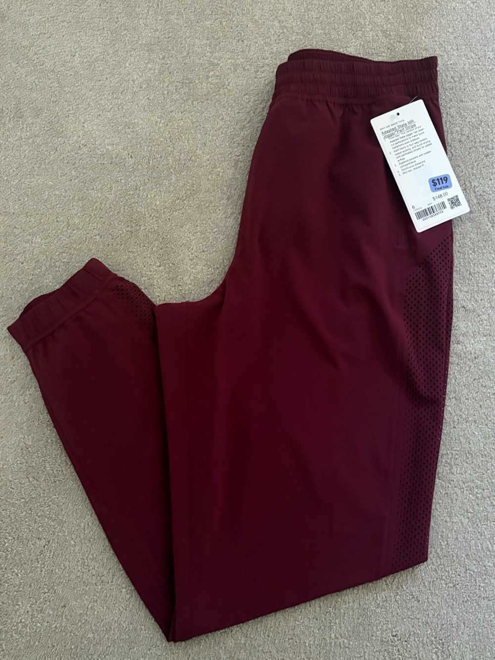 Lululemon adapted state mid-rise jogger perforated stripe NWT sz 6 Burgundy Bay